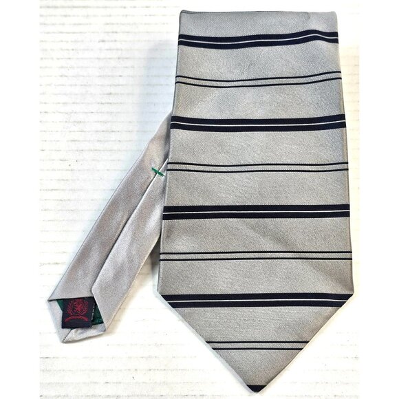 Tommy Hilfiger Mens Striped Repp Silk Tie Silver & Navy Classic Design - Picture 1 of 9